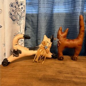 Vintage Painted Cloth Stuffed Cat Spool Wheels Primitive Folk Art Set of 2 Cats